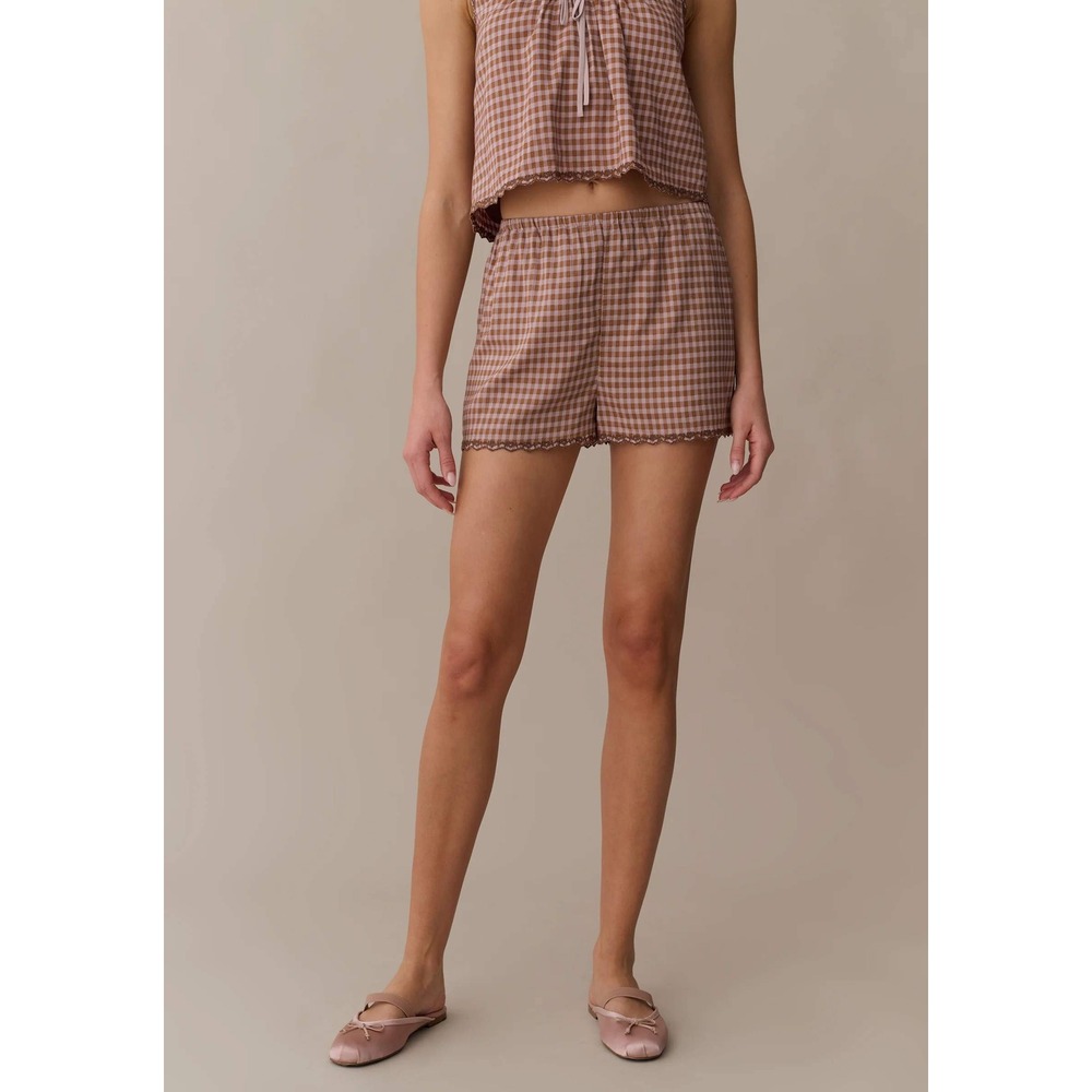 NWT Kourt Lila Embroidered Trim Short in Brown Gingham - Size Medium
